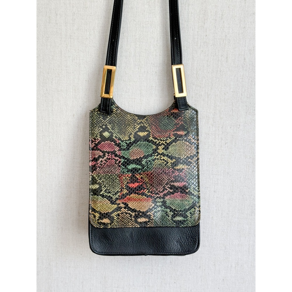 Vintage Bags by Pinky‎ Snakeskin Crossbody Bag Small Black Multi Leather Gold